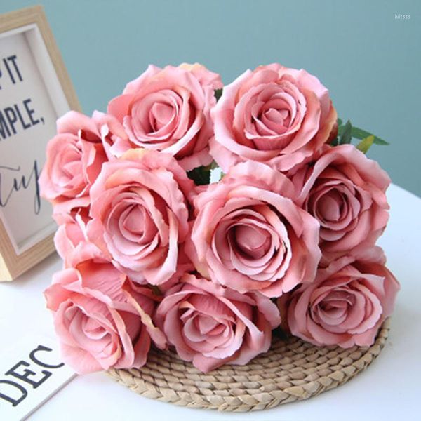 Fiori decorativi Tessuto floccato artificiale Bouquet di fiori di rosa 10 teste Decorazione di nozze per la casa Disposizione floreale fai da te Centrotavola