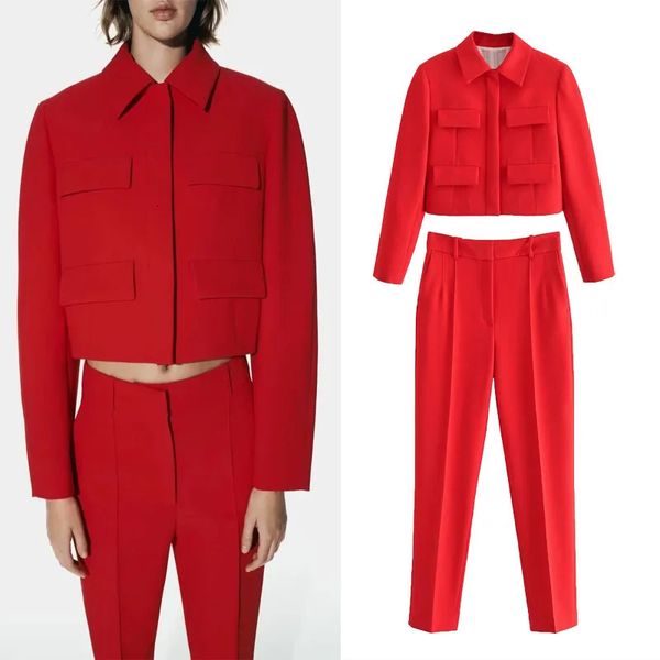 Kadın Suit Blazers Trafı Kadın Kırpılmış Flep Blazer Suits Moda Cep Kavur Uzun Kollu Ceket Kadın Kırmızı Yüksek Bel Pantolon 2 Parça Setleri Sonbahar 231121