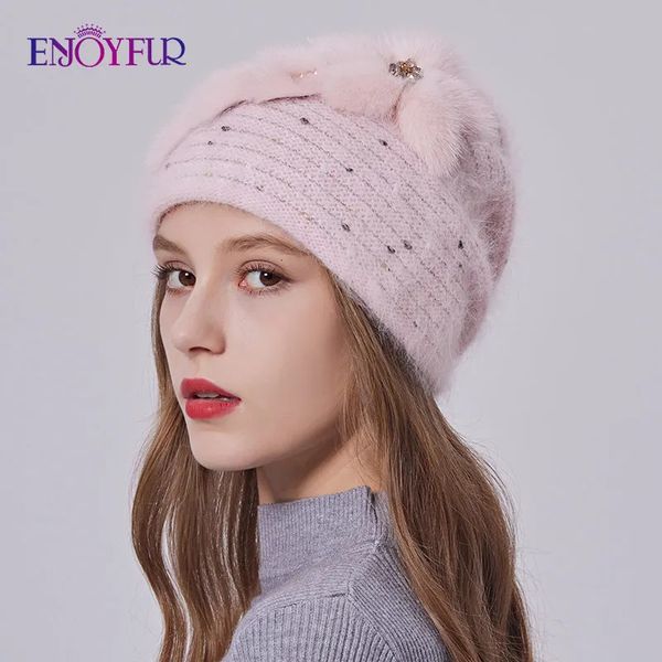 BeanieSkull Caps ENJOYFUR Frauen Winter Flauschige Angora Hut Mit Echt Nerz Pelz Blume Weibliche Mode Luxus Warme Gestrickte Wolle Casual 231120