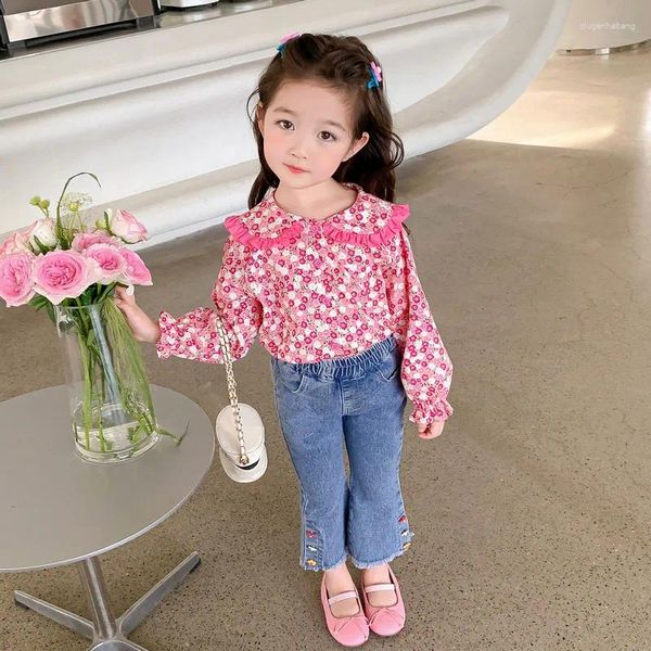 Set di abbigliamento Camicia per bambini in pizzo floreale Jeans 2 pezzi Completo per neonate Primavera Autunno Costumi da principessa Abiti casual per bambini