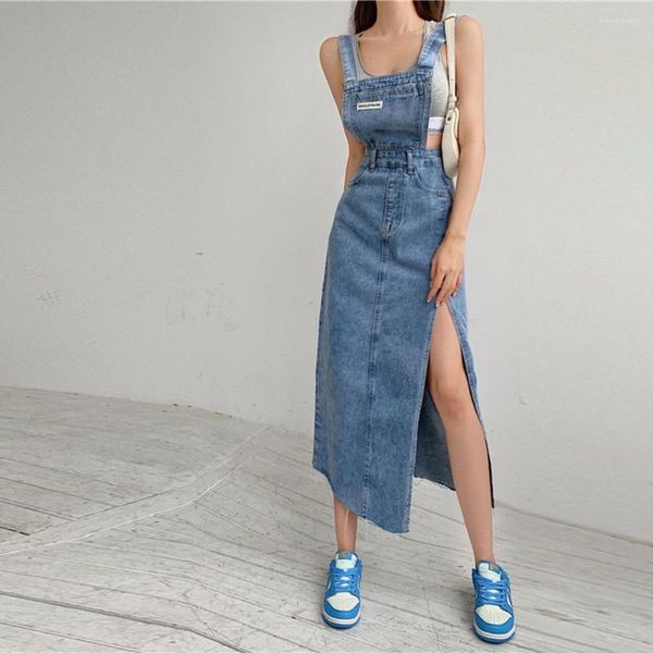 Casual Kleider Frauen Korean Fashion Denim Hosenträger Schlitz Kleid Frühling Midirock Blau Polokragen Streetwear Weibliche Hosenträger Ärmellos