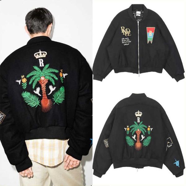 Roupas de grife Casacos casuais Rhude Jaqueta de lã bordada com letras florais Jaqueta de lã masculina de rua alta Jaqueta de beisebol com zíper solta Casaco blusão