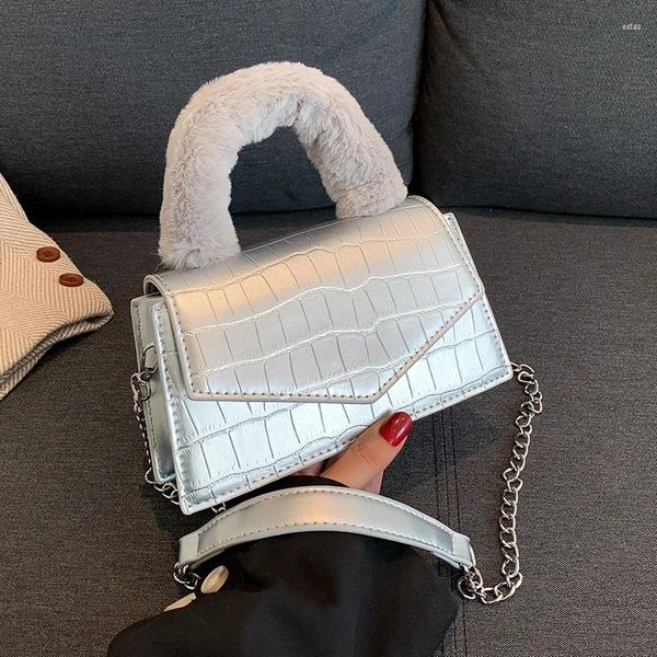 Abendtaschen Weiche Flauschige Plüsch Griff Tasche Frauen Kleine Stein Muster Crossbody Femme Einfarbig Leder Handtasche Kette Schulter Silber