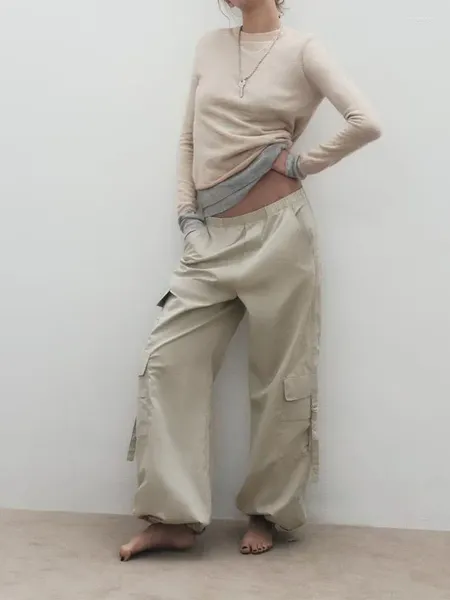 Calça feminina estilo costas com acabamento bolso perna remendo alça de viagem bainha para ajustar o guarda-chuva de nylon