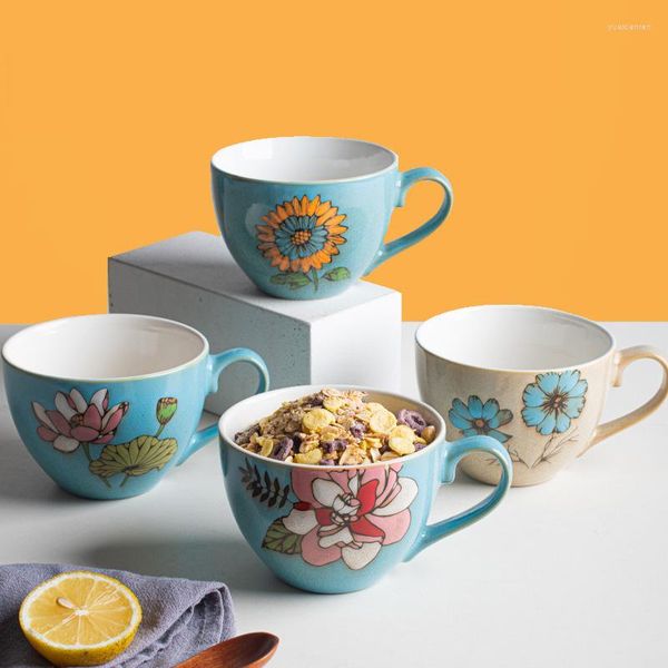 Tassen Keramik-Kaffeetasse mit Löffel, Retro-Kreativität, handbemalt, ländliche Blumen- und Vogelart, Milch, Haferflocken, Frühstückstasse