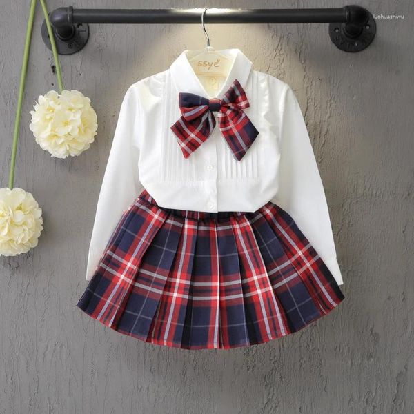 Kleidungssets Kleinkind Mädchen Set Outfit College Stil Frühling Herbst Kinder Kleidung Student Weiße Bluse Plaid Faltenrock 2-teilig