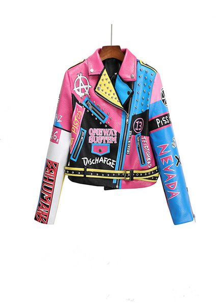 Giacche in pelle Pu da donna Graffiti Lettera floreale Stampa cartoon Doodle Punk Motociclista Zip Rivetto Catena Vita Cappotti da donna Capispalla in colore a contrasto 28823