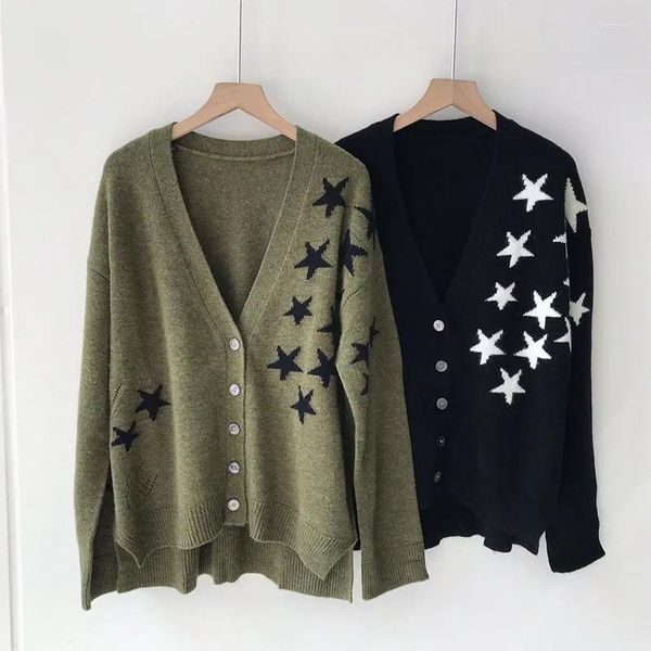 Kadın Düğümleri Gevşek Kaşmir Sonbahar Kazak Kadın Yıldızlar Krover Hıritler Düğmesi V-Neck Uzun Kollu Kadın Günlük Sweaters Kış Üstleri