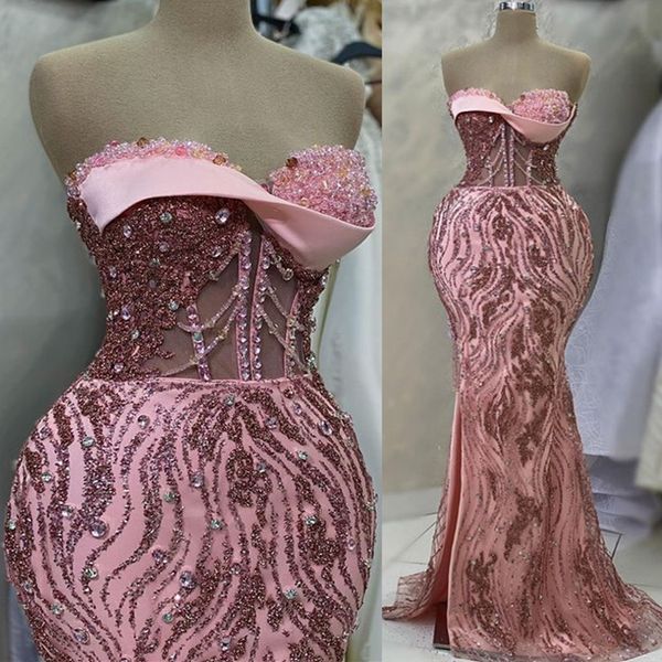 2023 April Aso ebi sereia rosa baile de baile cristalas de renda de renda de renda de renda da segunda recepção vestidos de noivado de aniversário vestidos Robe de Soiree ZJ500