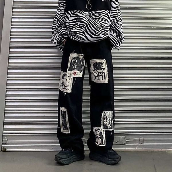 Jeans masculinos Moda coreana unissex High cintura calça hippie Jeans folga calça graffiti adesivos de quadrinhos Harajuku Perna larga reta Pontas Y2K J230420