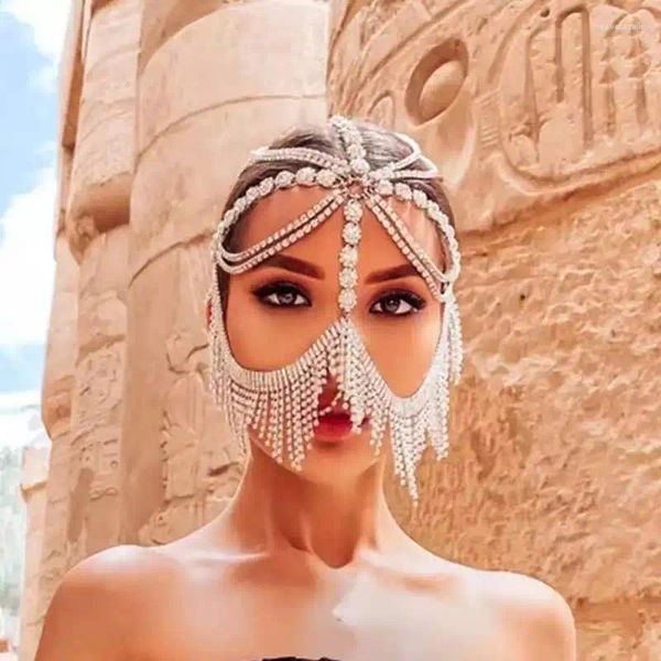 Grampos de cabelo Halloween Borla Véu Máscaras Mulheres Headwear Strass Correntes Máscara Facial Masquerade Dance Party Traje Sexy Jóias