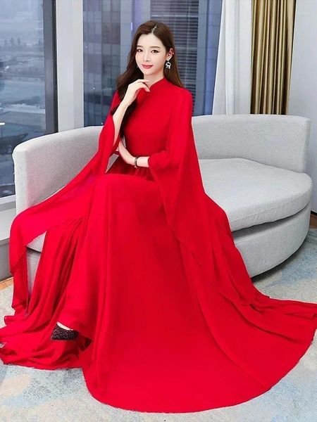 Lässige Kleider Rotes Strandkleid Sommerkleidung für 2023 Abend Maxi Mode Elegant Weiß Chiffon Langarm Rosa Prom Hochzeit F62