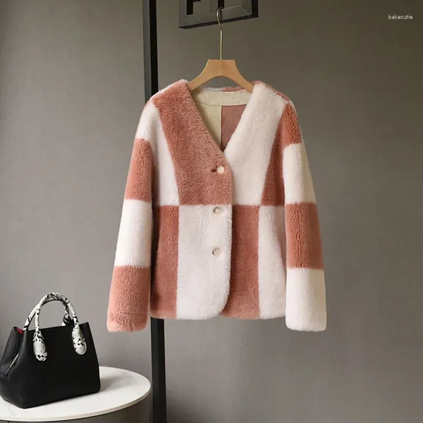 Frauen Pelz 2023 Mode Koreanischen Stil Winter Schafe Geschert Mantel Für Frauen Gespleißt Korn Samt Plaid Lamm Wolle Kleine menschen