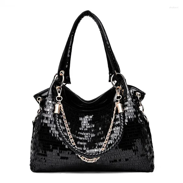 Marsupi Borsa in pelle verniciata nera Borsa da donna con nappa brillante con paillettes Borsa a tracolla di grande capacità Borsa a tracolla a tracolla Hobo casual da donna