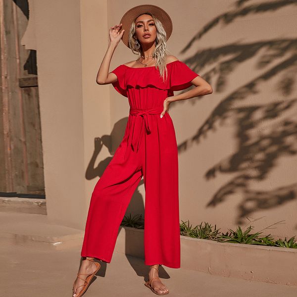 Damen Jumpsuits Strampler Frühling und Sommer Damen Rot Slash Neck Lotusblatt Ärmel Trägerlos Gürtel Dünne Hose 230422