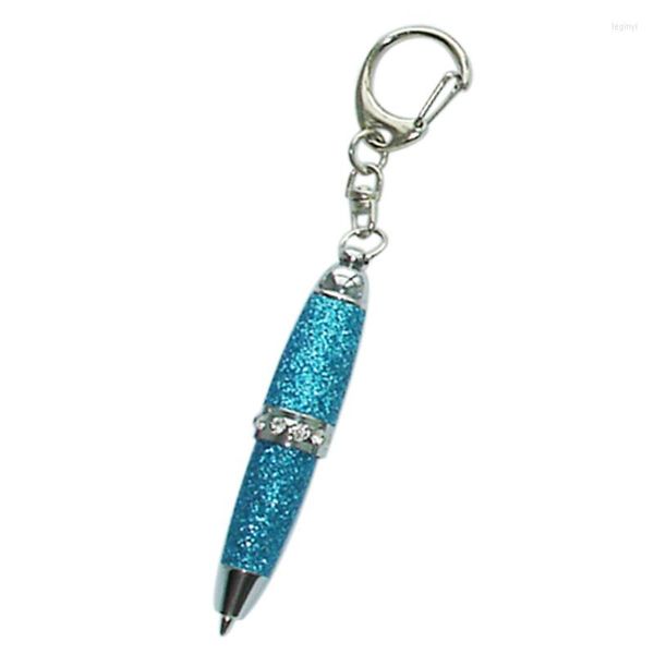 2pcs Mini Bling Glitter penna a sfera multicolore in pelle PU anello centrale con penne a chiave corta tascabile in cristallo