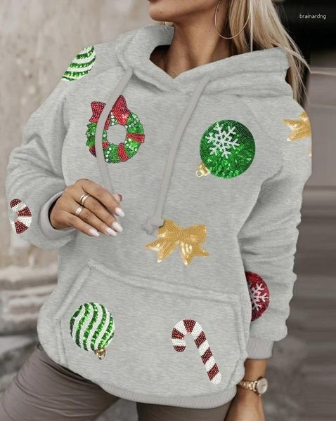 Suéteres femininos com capuz 2023 outono natal lantejoulas padrão gráfico impresso moletom com capuz diário casual pulôver de manga comprida