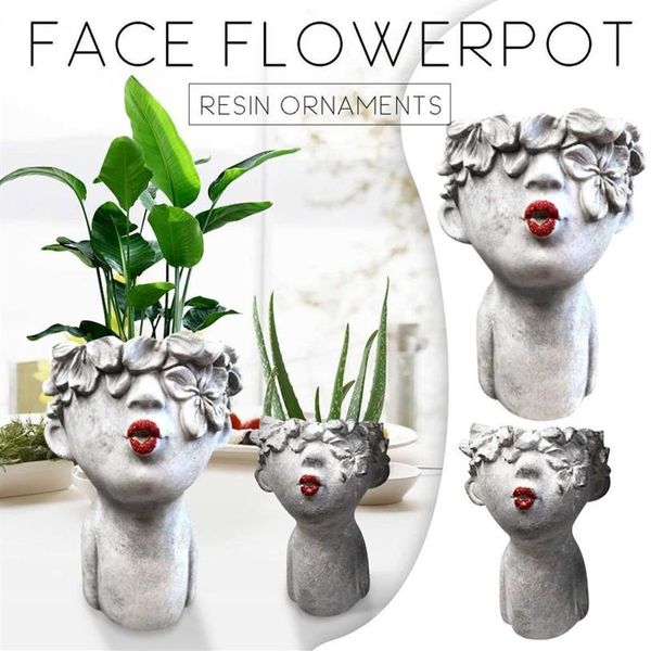 Pequeno beijo feminino vasos de flores pintados lábios cabeça vermelha estatuetas jardim plantador bonito vaso presente decoração para casa 210712281c