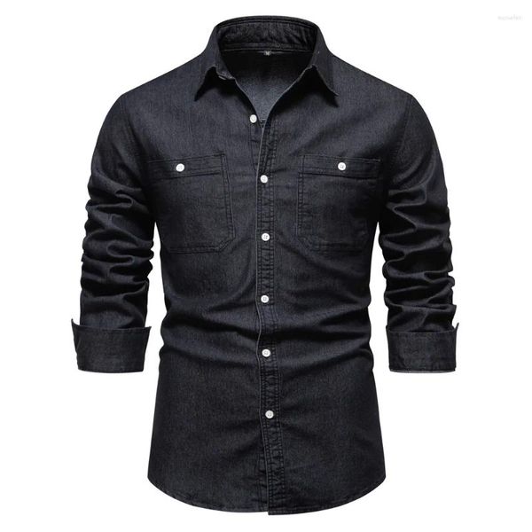 Männer Casual Hemden 2023 Herbst Denim Hemd Hohe Qualität Baumwolle Elastische Lange Ärmel Für Männer Designer Kleidung Schwarze Bluse