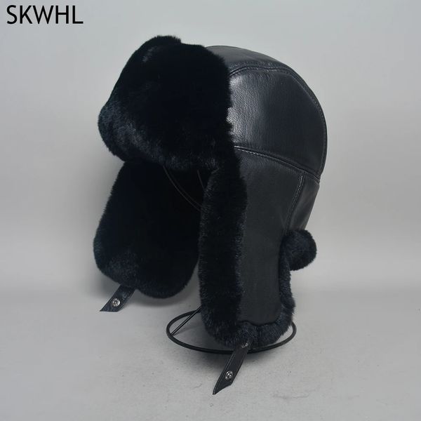 Trapper chapéus unisex real rex coelho pele bombardeiro chapéu ushanka boné russo homens mulheres esqui bonés de pele de carneiro inverno quente 231122