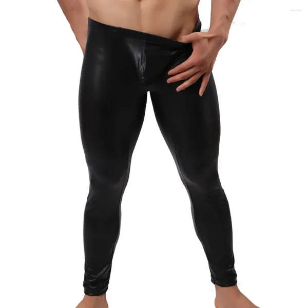 Calças masculinas sexy couro do plutônio legging calças magro falso longo calça apertada tentação erótica casual magro clubwear leggings