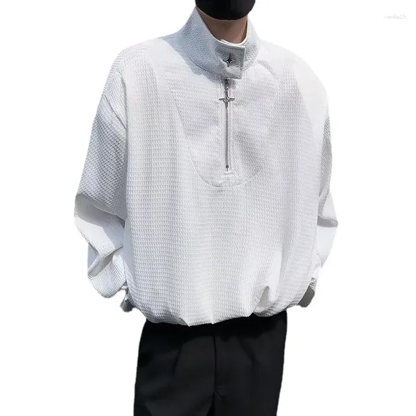 Homens camisetas Waffle para homens moda alta pescoço zíper manga longa solta camiseta sólida cor branca casual streetwear roupas