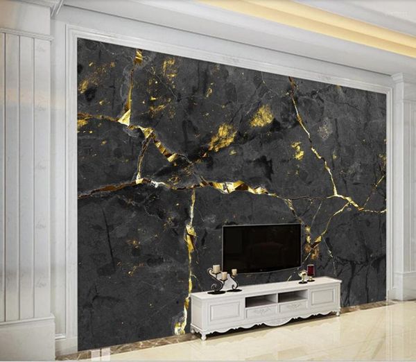 Tapeten Customized Large-scale 3D Mural Wallpaper European Light Luxury Noble Black Gold Wire Marmorierung TV-Hintergrundwand