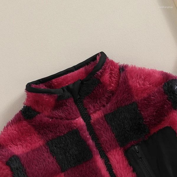 Jacken Kleinkind Weihnachten Polar Fleece Jacke Plaid Stehkragen Reißverschluss Tasche Langarm Mädchen Jungen Mantel Winter Warme Kinder Oberbekleidung