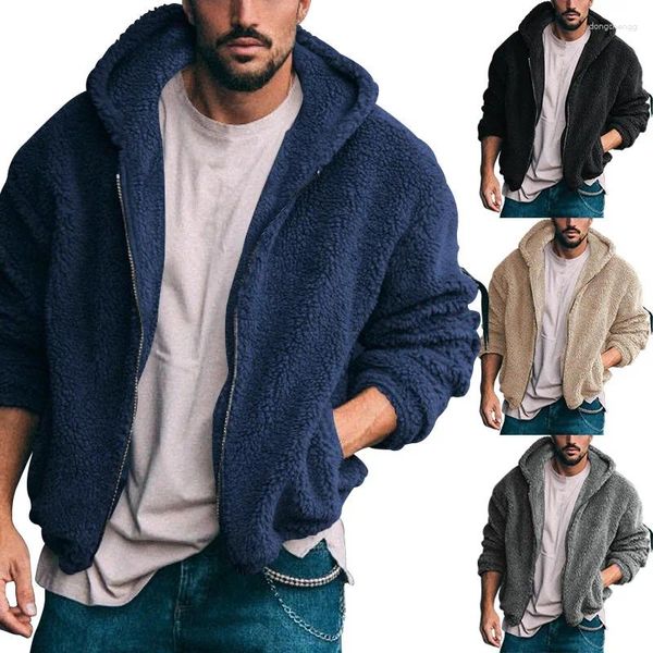 Giubbotti da uomo 2023 Autunno Inverno Double-sided Pile Caldo Giacca Con Cappuccio Da Uomo di Colore Solido Leggero Nero Fuzzy Cappotto Con Cerniera