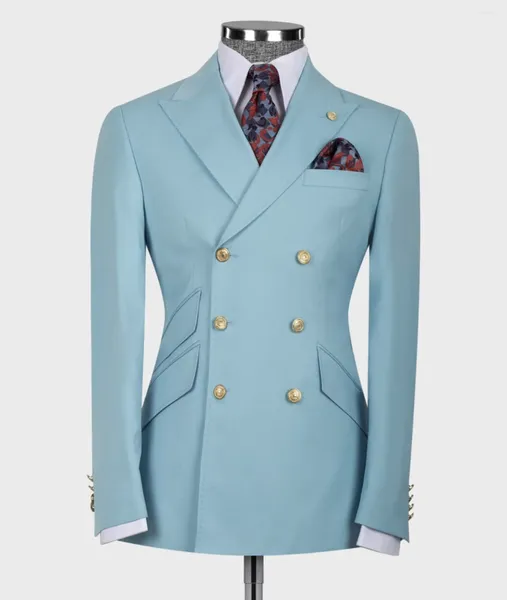 Ternos masculinos Men do céu Blue Men Suit Classic 6 Button Slim Fit