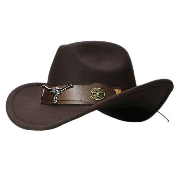 Ampla borda chapéus balde chapéus touro cabeça de boi faixa de couro vintage mulheres homens criança criança lã larga borda cowboy ocidental chapéu cowgirl bowler boné 61cm57cm54cm 231122