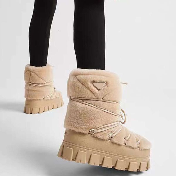 2023 Stiefel Slip-On Chunky Bottom Bootie Round Toe Lace Up Ski Snow Boot Damen Outdoor-Schuhe Luxus-Designer-Fabrikschuhe mit flachem Boden