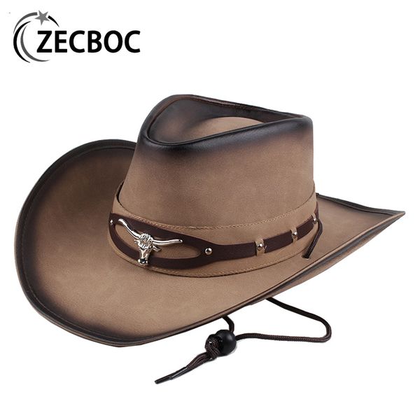 Homens de chapéus largos Bucket Western Cowboy Men com corda Fedora Metal Bull Head Decoration Jazz de couro genuíno para 230421