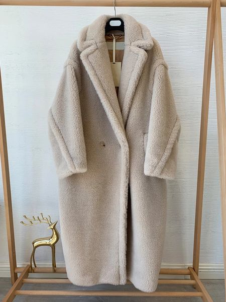 Mulheres Misturas De Lã Luxo Teddy Bear Casaco Mulheres Mid-Length Cashmere Natural Lã Casaco De Pele Solta Silhueta Lapela Manga Longa Jaqueta Fit Inverno 231121