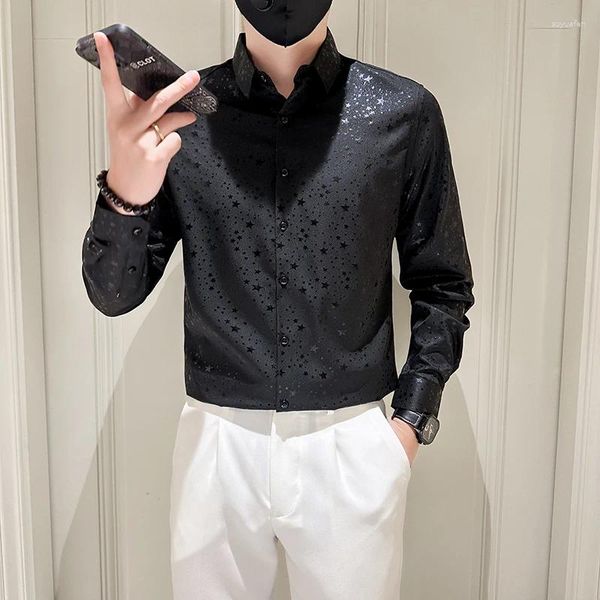 Camisas casuais masculinas camisas de hombre moda preto estrela impressão manga longa para roupas masculinas fino ajuste baile smoking chemise homme 3xl-m