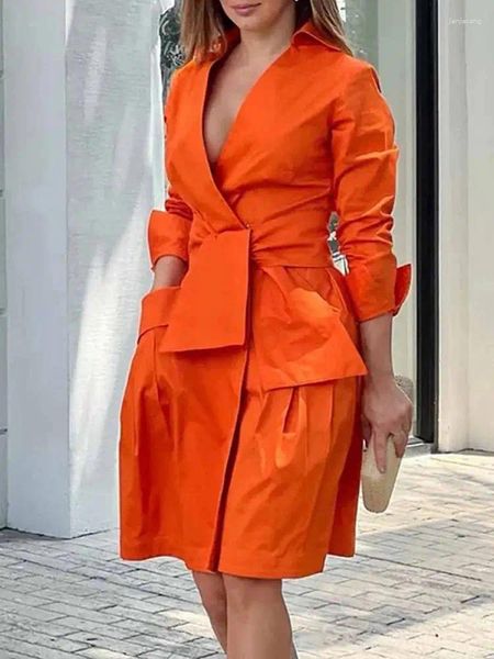 Vestidos casuais yeezzi escritório senhora elegante cor sólida amarrada cintura profunda decote em v vestido de trabalho 2023 primavera outono mangas compridas a-line mini