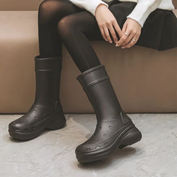 Сапоги Женские непромокаемые туфли на массивном каблуке, резиновые непромокаемые резиновые сапоги, длинные сапоги без шнуровки с круглым носком, резиновые сапоги на платформе 231122