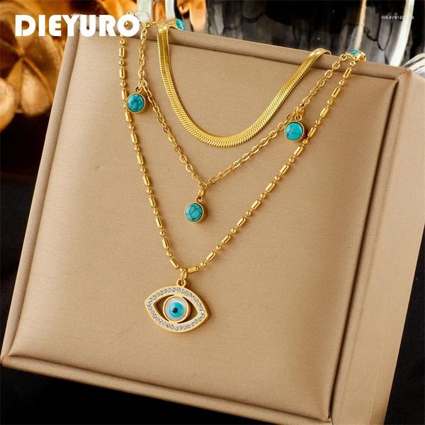 Colares Pingente Dieyuro 316L Aço Inoxidável Azul Olho Pedra Colar Para Mulheres Meninas 3in1 Neck Chains Vintage Jóias Presentes de Aniversário