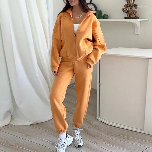 Zweiteilige Damen-Hosen, lässig, langärmelig, lockeres Outfit, eleganter Trainingsanzug, solides 2-teiliges Set, modischer Reißverschluss, Revers, Sweatshirt, elastisch