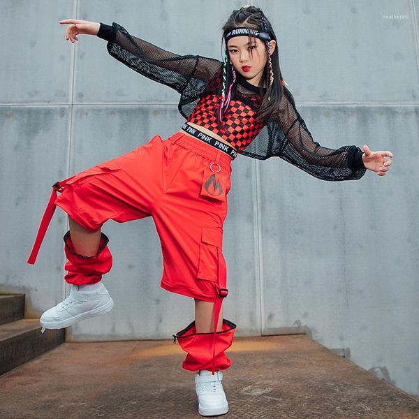 Bühnenkleidung Kinder Hip Hop Street Dance Kostüm Rote Gitterweste Lose Cargohosen Netzoberteile Für Mädchen Kleidung Jazz Show Outfit BL7114