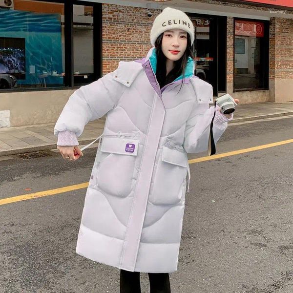 Trench da donna Giacca invernale Donna 4XL Cappotto in cotone 2023 Corea Stile College Moda Colori contrastanti Allentato Cerniera lunga con cappuccio caldo