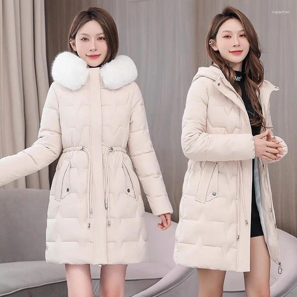 Trench feminina casacos de inverno Down Cotton Coat Women Women Mid Leng Flim Jacket Capeled Collar Collar Colo