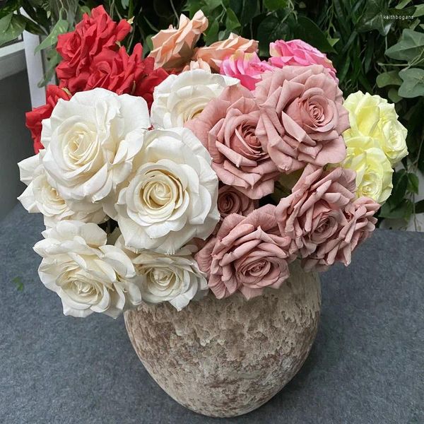 Flores decorativas 7 cabeças buquê de rosas artificial marfim marrom decoração de casamento festa de aniversário sala de estar