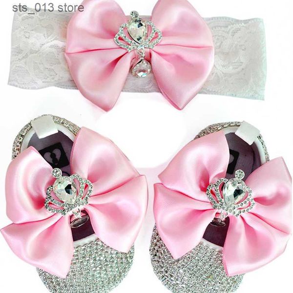 Primeiros Walkers Dollbling Luxo Strass Baby Girl Sapatos Primeiro Walker Headband Set Sparkle Bling Cristais Princesa Sapatos Baby Shower Presente SH T230424