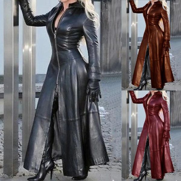 Giacche da donna Cappotto da donna da donna Giacca lunga sexy con risvolto Cappotti da motore Zip corta Punk Manica solida in pile