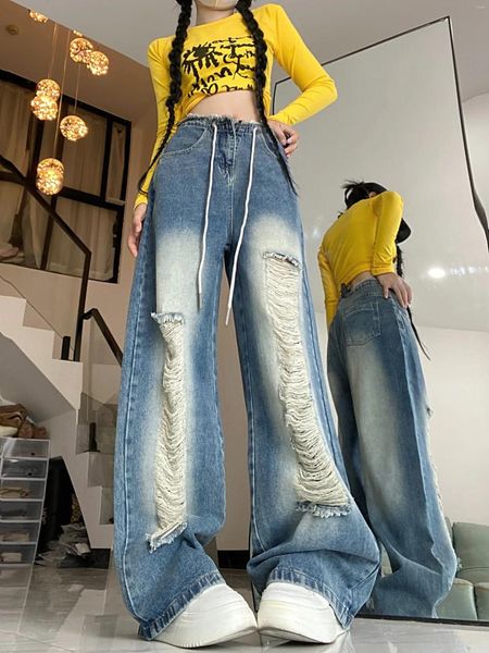 Женские джинсы, женские джинсовые брюки с рваными дырками и завязками, брюки Y2k с высокой талией, повседневные свободные прямые синие джинсы в стиле Харадзюку для парня-бойфренда
