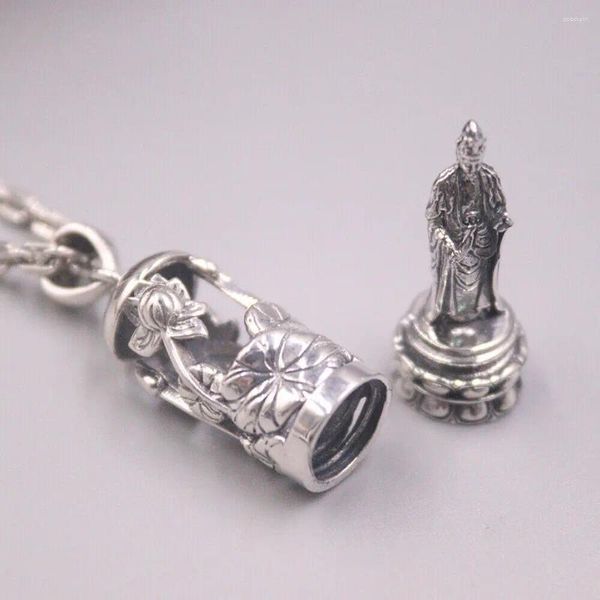 Ketten aus echtem 925er-Sterlingsilber, Segen-Lotus-Röhre mit Kwan-Yin-Statue-Anhänger, S925