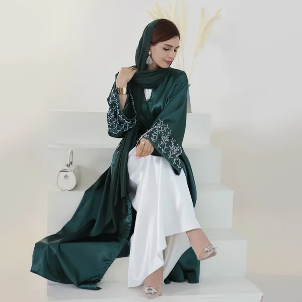 Etnische kleding Shimmer Abaya Dubai Luxe drukknoop voorkant Handgenaaide kralen Mouwen Gordel Gewaad Islamitische kimono Moslimvrouwen Feest (Nee