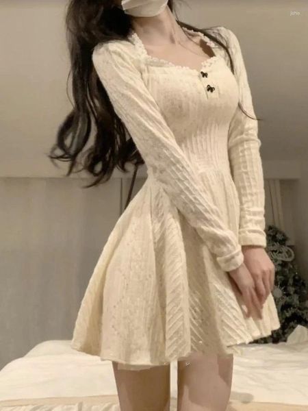 Vestidos casuais elegante laço y2k vestido de festa curto mulheres manga longa sólida mini magro uma peça moda coreana 2023 inverno