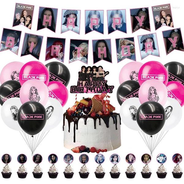 Decoração de festa preto kpop rosa menina tema balões suprimentos feliz aniversário banner látex balões bolo topper crianças brinquedos